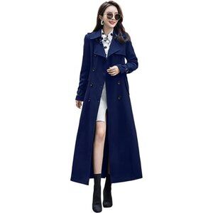 Women's Double Breasted Duster Trench Coat Slim Full Length Maxi Long